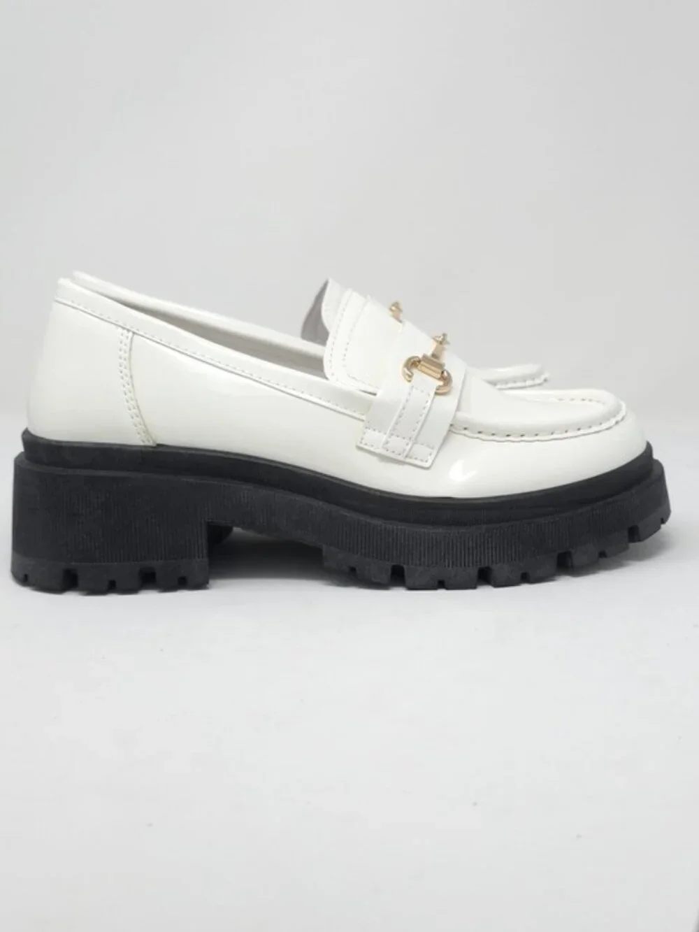 White Chunky Platform Loafers Gold Chain Lug Sole Slip On Trendy